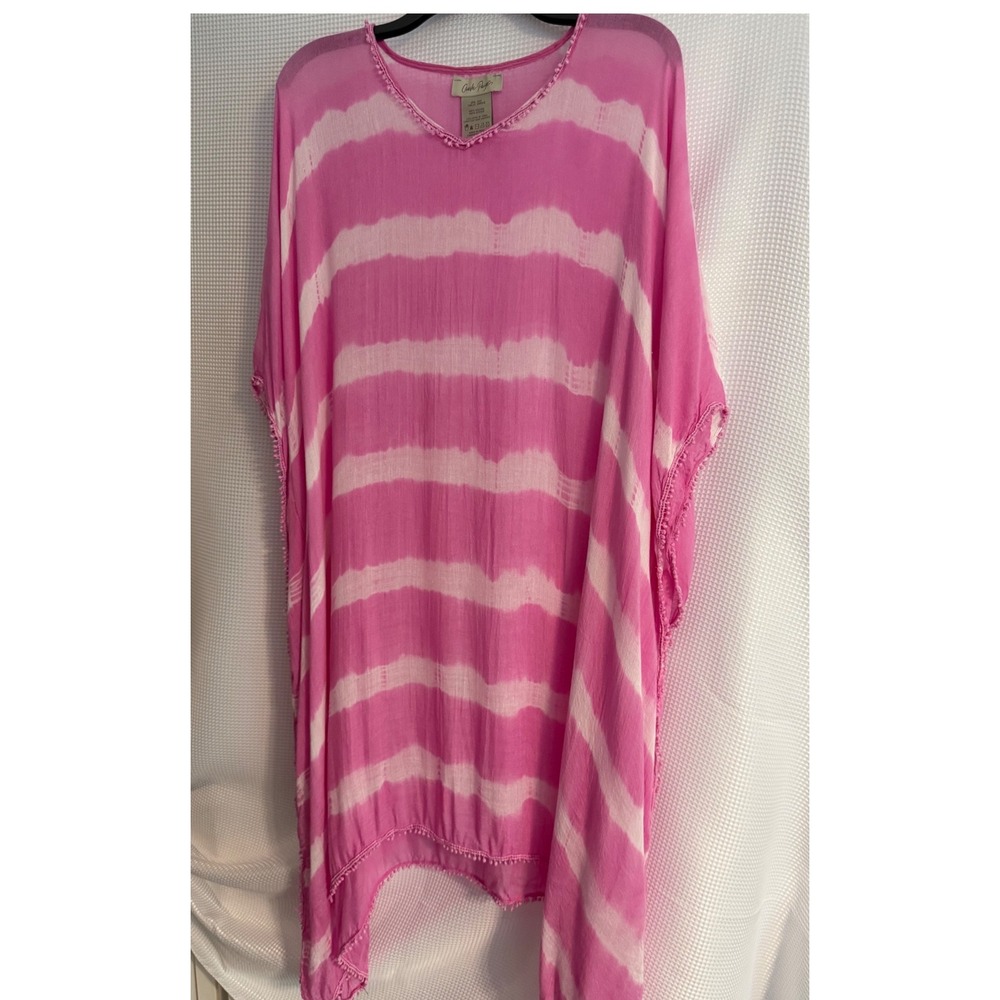 Charlie Paige Kaftan Cover Up Womens OS Pink Excellent Tie Dye Pom Pom Trim